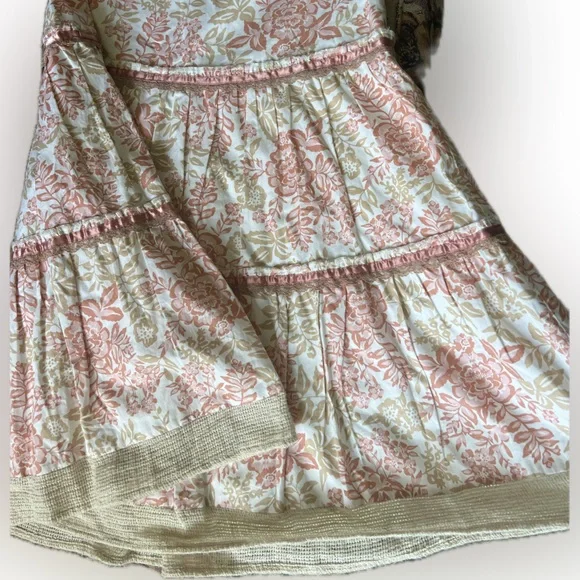 NWOT RARE Country Door A-Line Midi Skirt - Pink and Cream Floral W/Tiers &Burlap